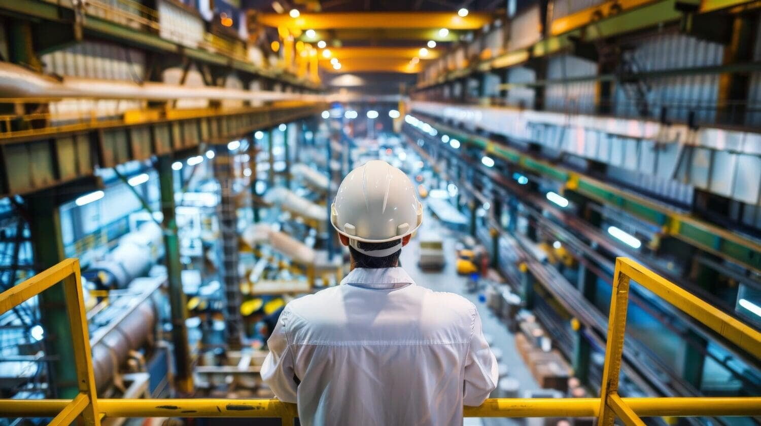 Ingenieur mit Schutzhelm überblickt eine große Produktionshalle