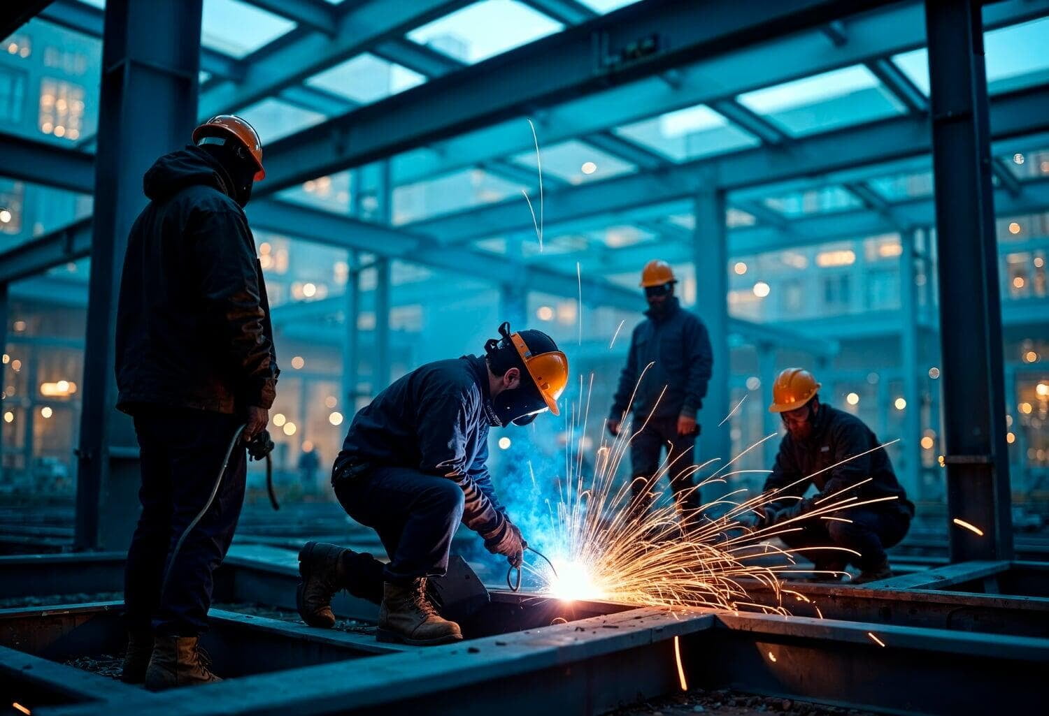 Montageteam bei Schweißarbeiten in einer Industriehalle