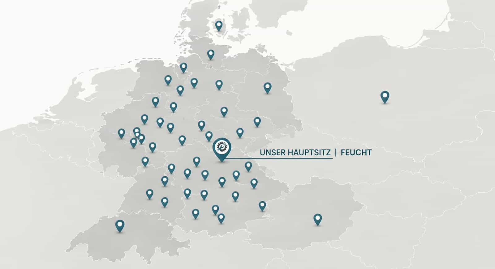 Deutschlandkarte mit den Standorten unserer Projekte und dem Hauptsitz in Feucht